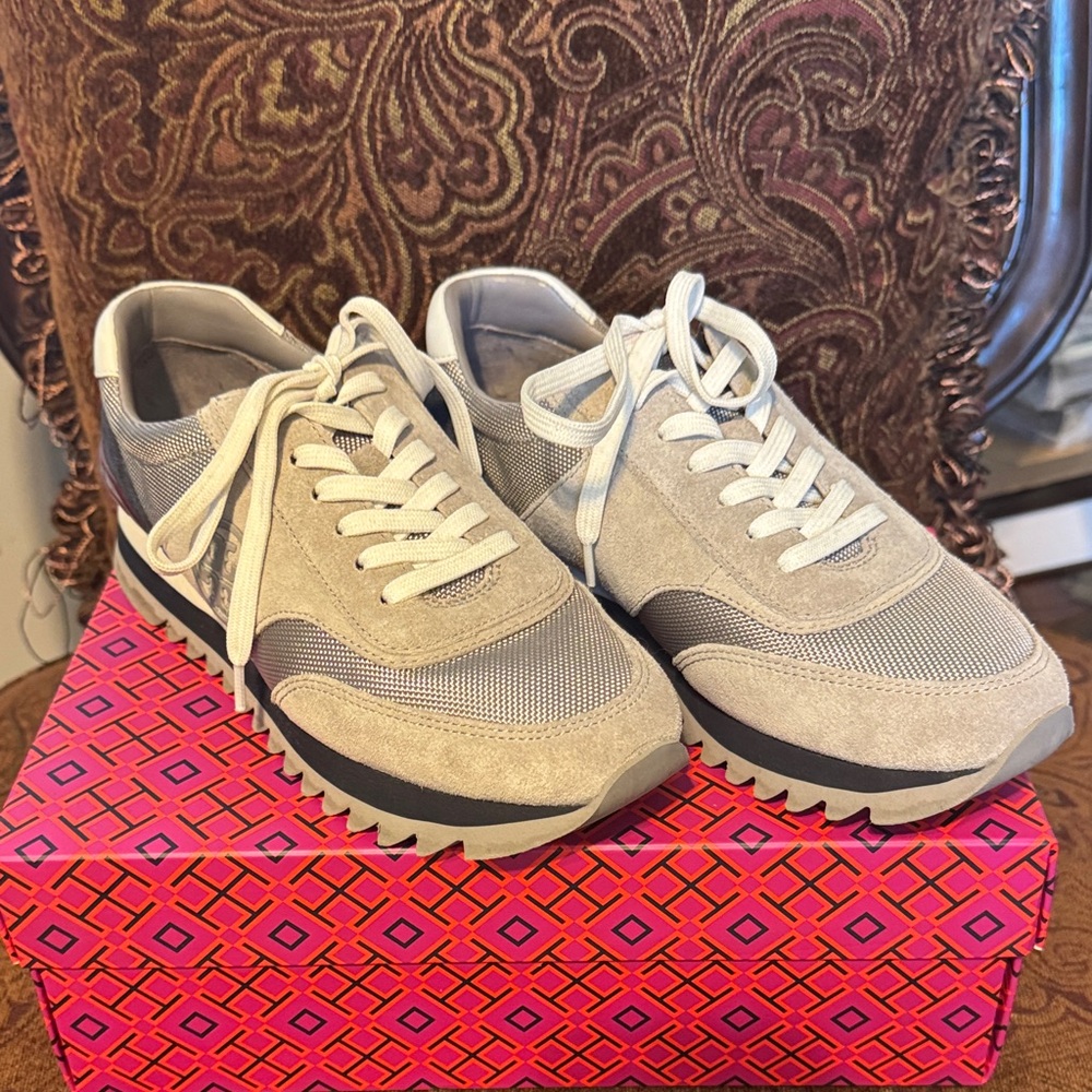 Tory Burch Taupe and Charcoal Sneakers